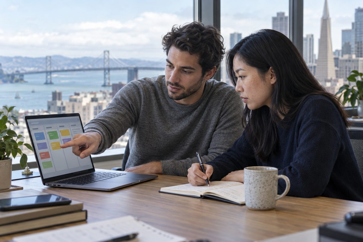 Two Salesframe consultants working through a client pipeline