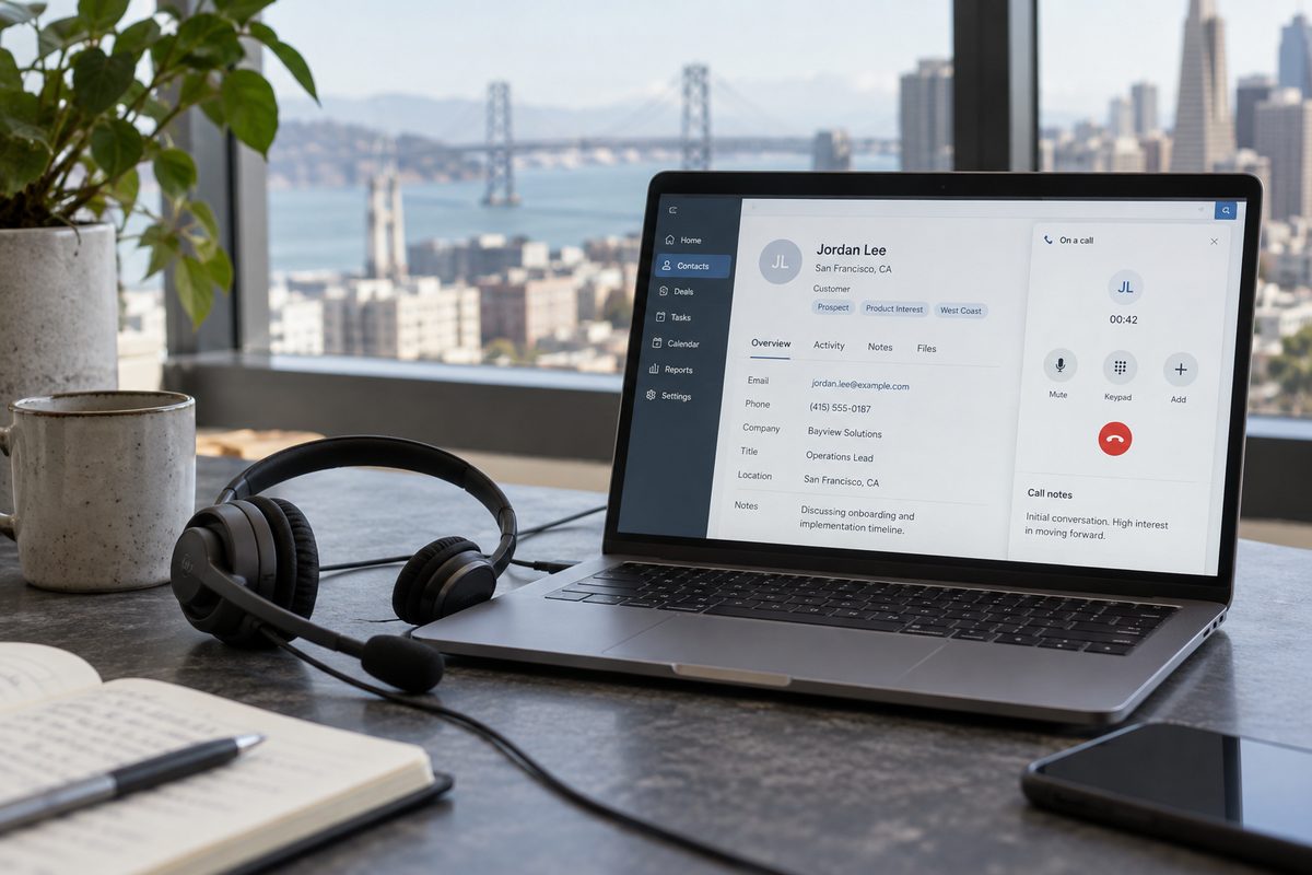 Headset beside a laptop logging a call to a CRM contact record