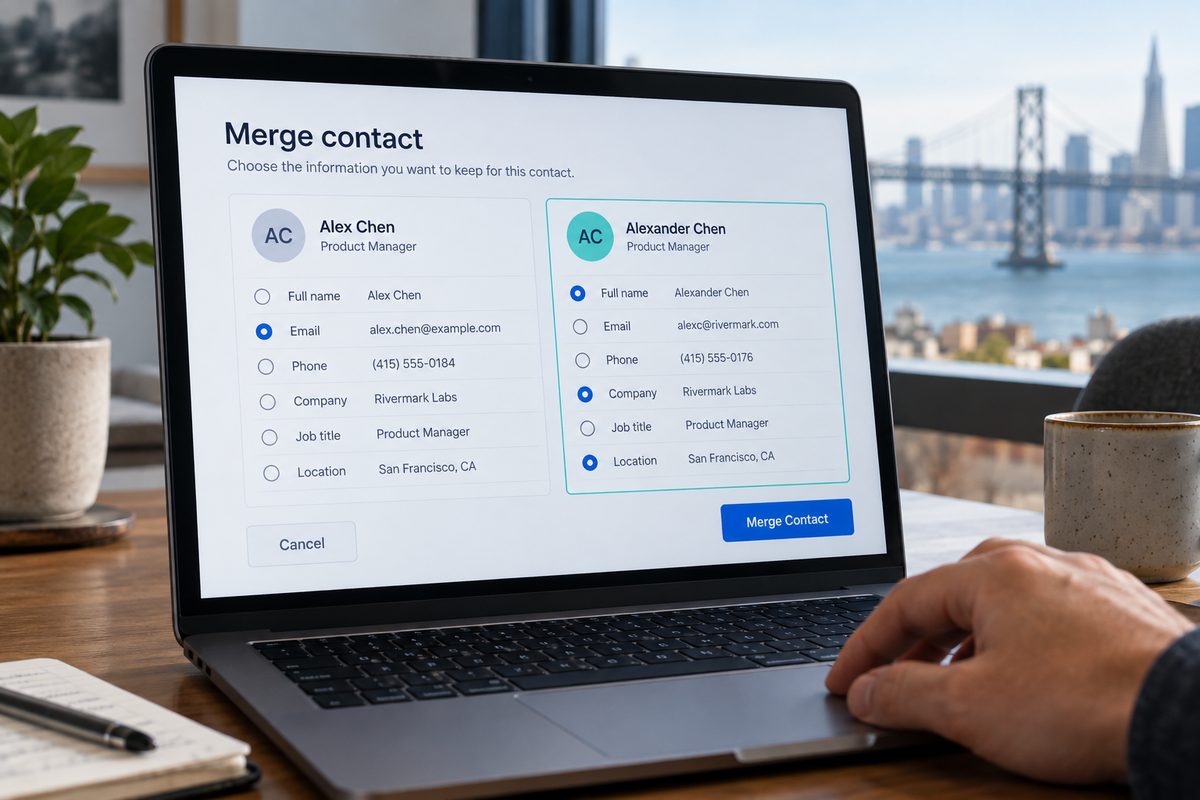 Two duplicate contact records compared side by side before a merge