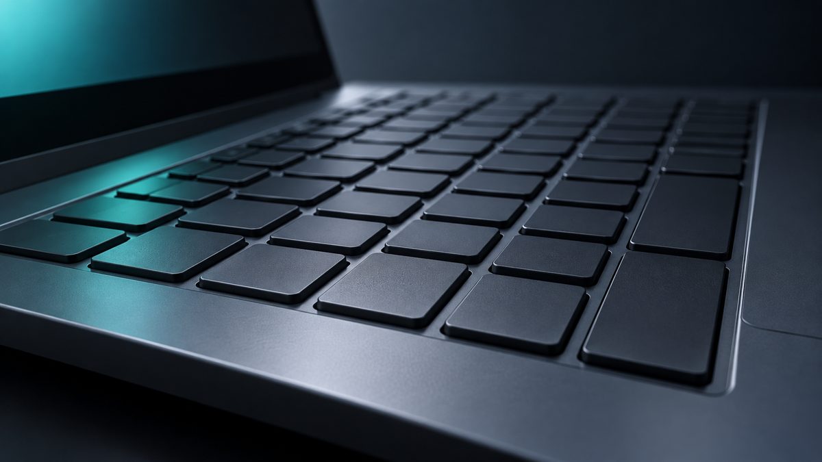 Close view of a laptop keyboard in cool light
