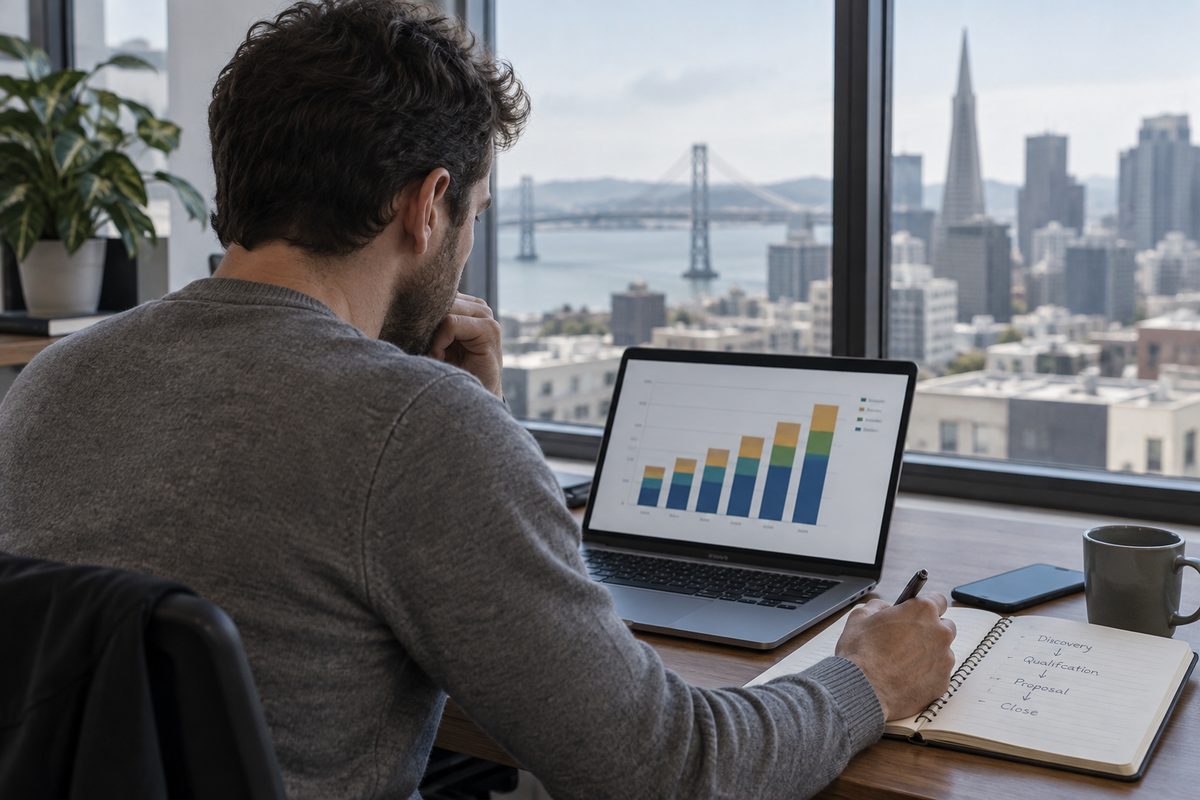 Sales manager reviewing the weekly forecast on a laptop