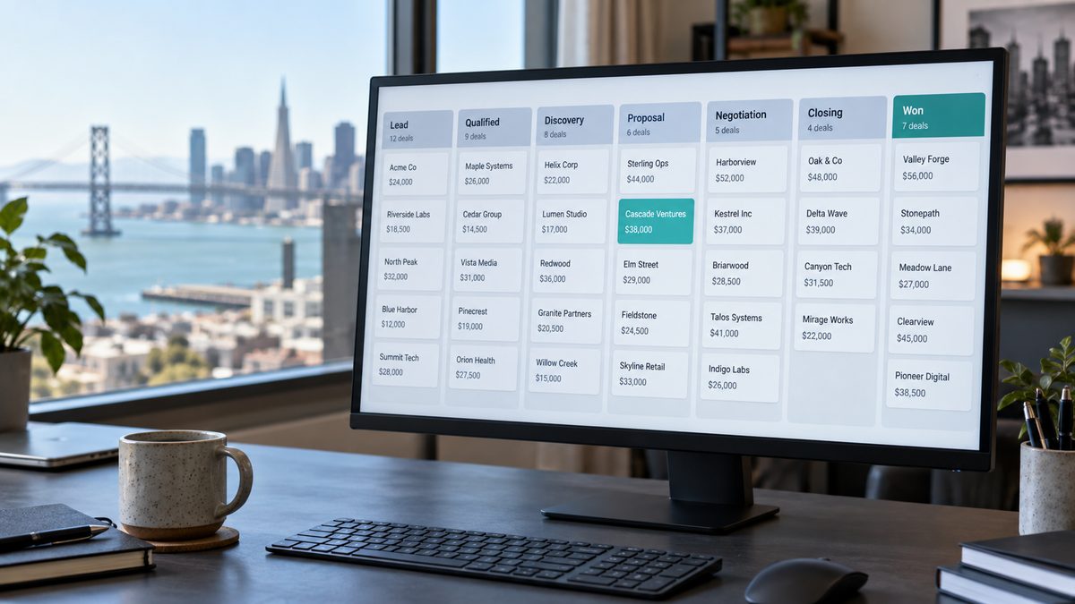CRM pipeline board with seven stage columns on a desktop monitor