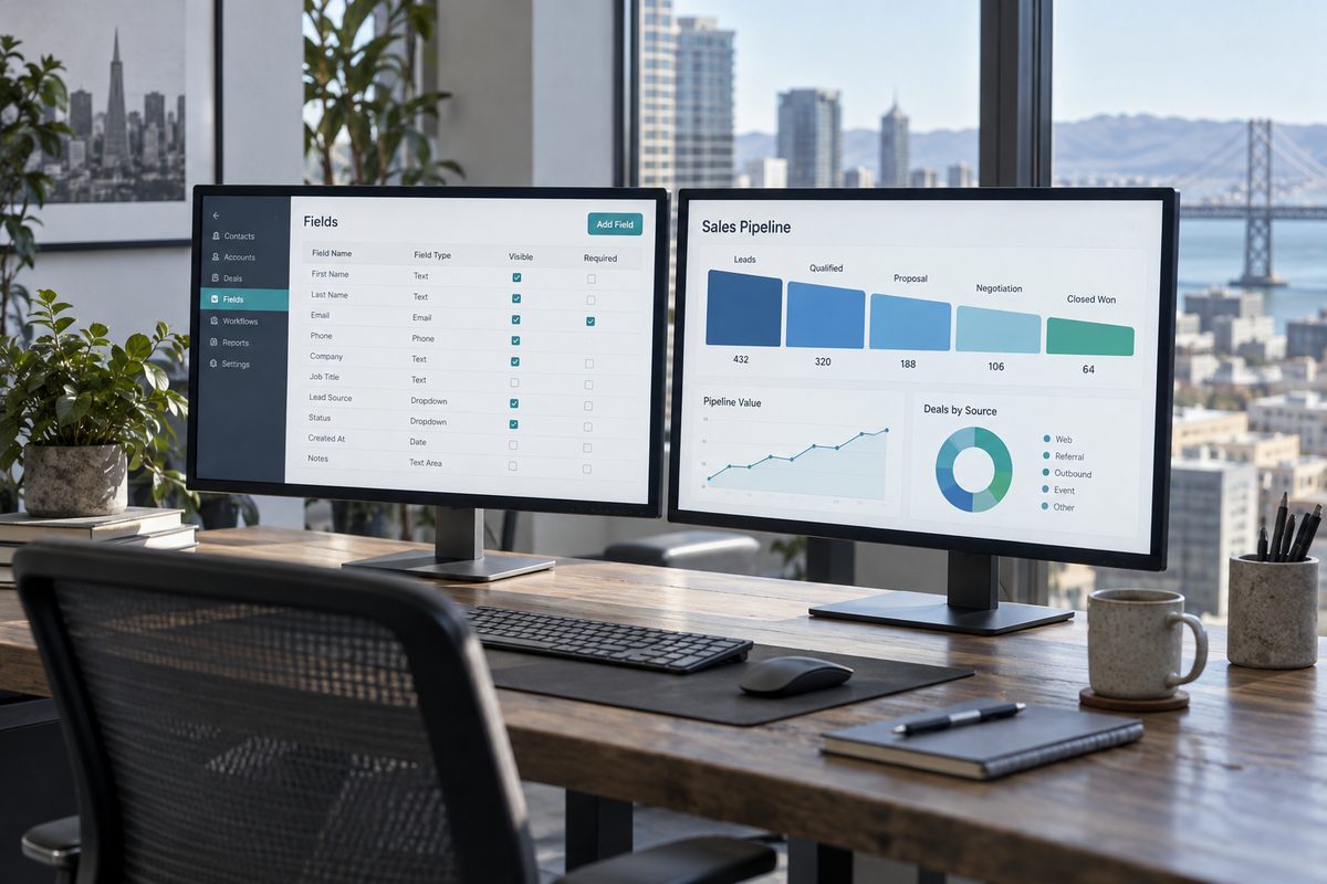 Two monitors showing CRM field settings and a pipeline chart