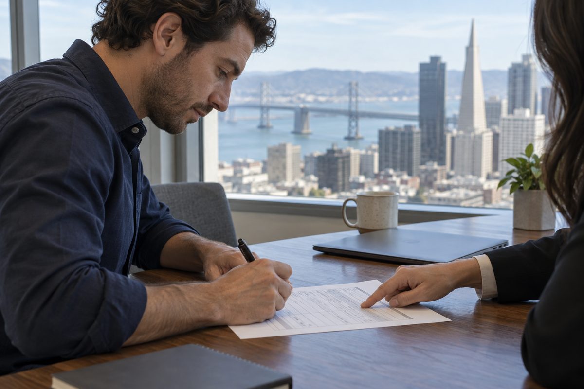 Sales lead signing a printed stage definition sheet at a meeting table