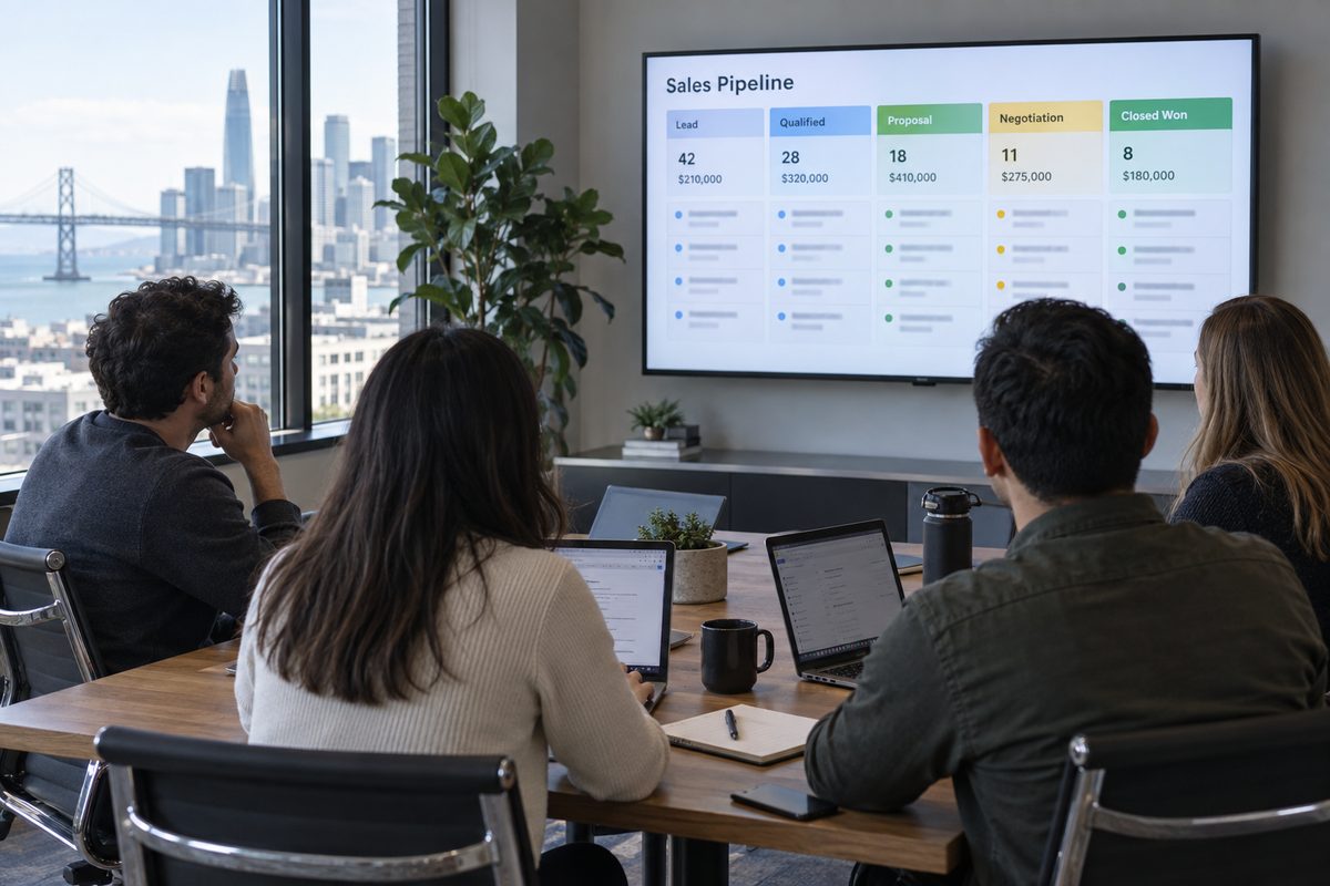Small sales team in a CRM training session around a shared screen